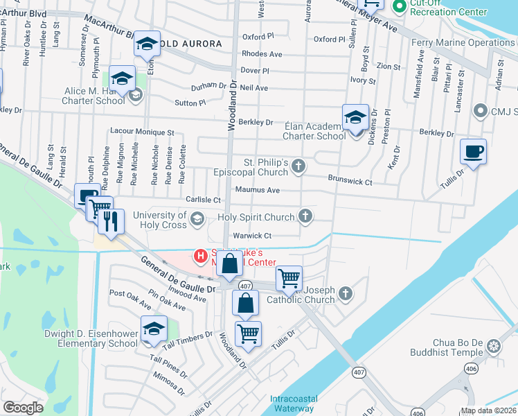 map of restaurants, bars, coffee shops, grocery stores, and more near 6023 Carlisle Court in New Orleans