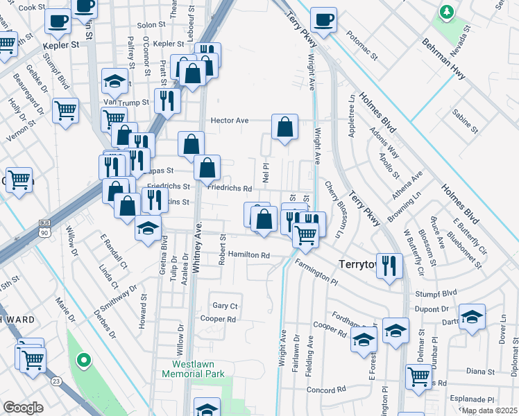 map of restaurants, bars, coffee shops, grocery stores, and more near 717 Hinyub Avenue in Terrytown