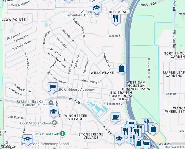 map of restaurants, bars, coffee shops, grocery stores, and more near 10138 Autumn Way Court in Houston