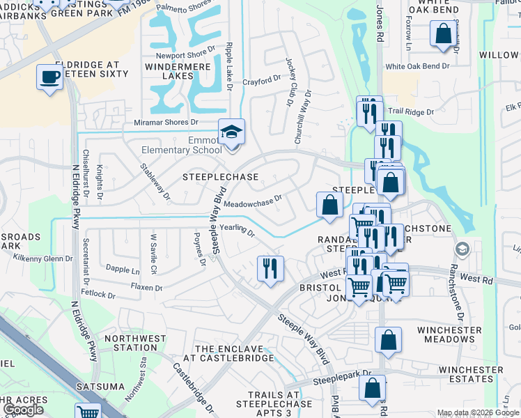 map of restaurants, bars, coffee shops, grocery stores, and more near 9638 West Withers Way Circle in Houston