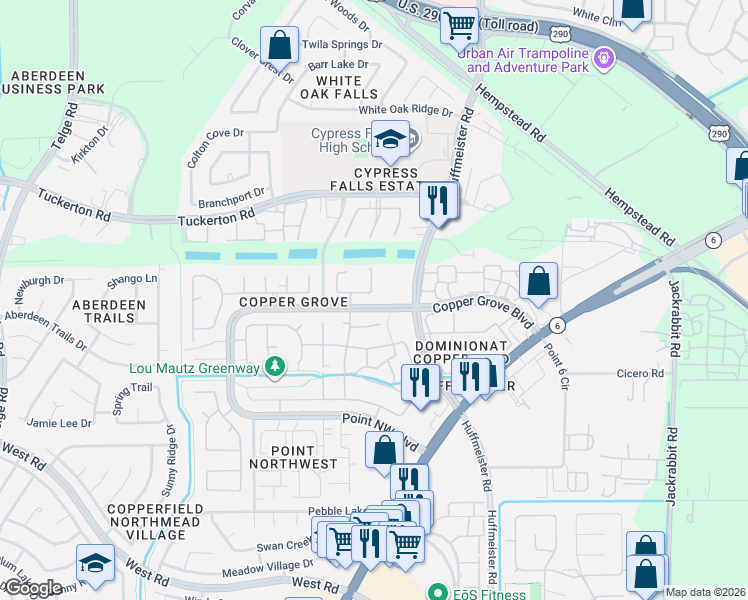 map of restaurants, bars, coffee shops, grocery stores, and more near 15322 Copper Grove Boulevard in Houston