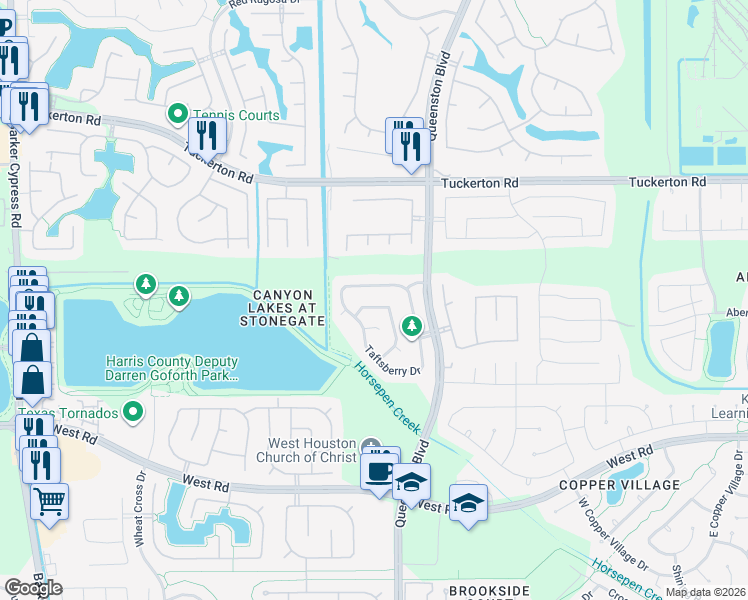 map of restaurants, bars, coffee shops, grocery stores, and more near 9538 Curry Landing Drive in Houston