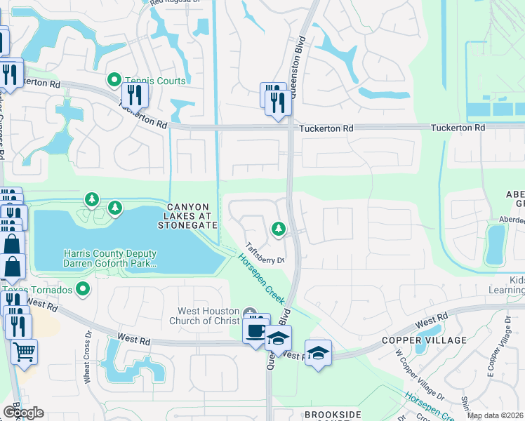 map of restaurants, bars, coffee shops, grocery stores, and more near 9434 Curry Landing Drive in Houston