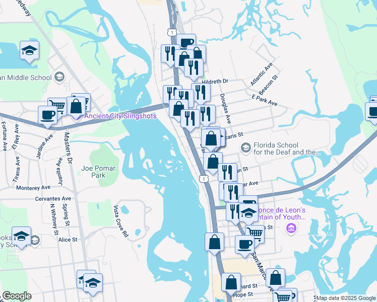 map of restaurants, bars, coffee shops, grocery stores, and more near 2203A North Ponce De Leon Boulevard in St. Augustine