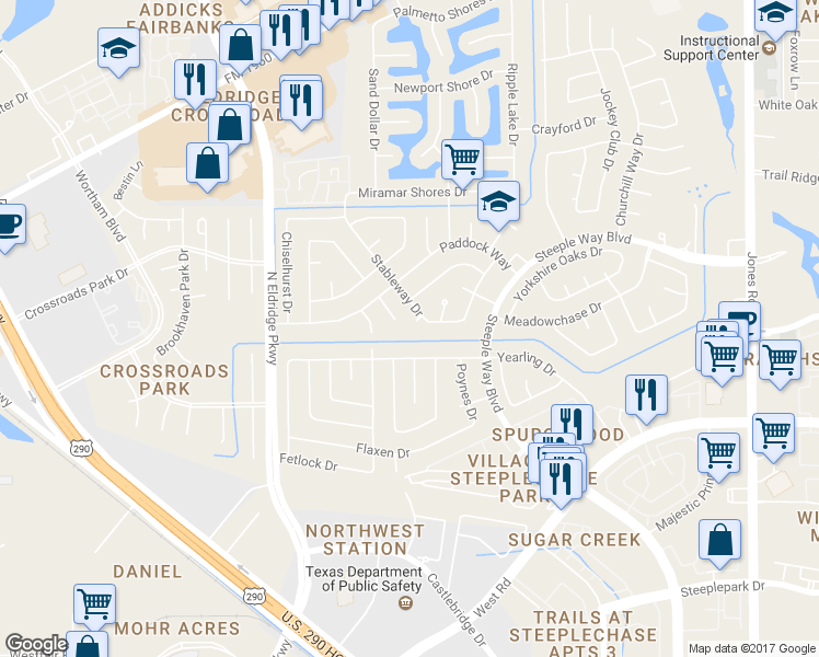 map of restaurants, bars, coffee shops, grocery stores, and more near 12110 Stableway Circle in Houston