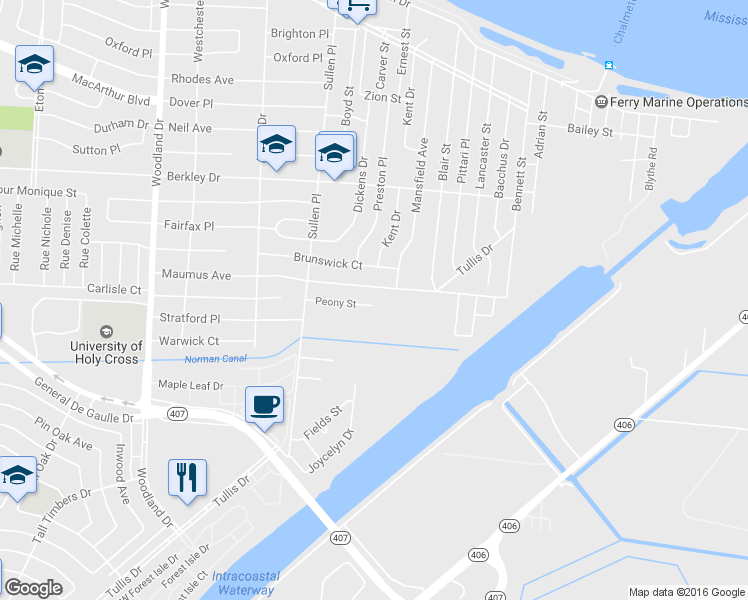 map of restaurants, bars, coffee shops, grocery stores, and more near 6628 Peony Street in New Orleans