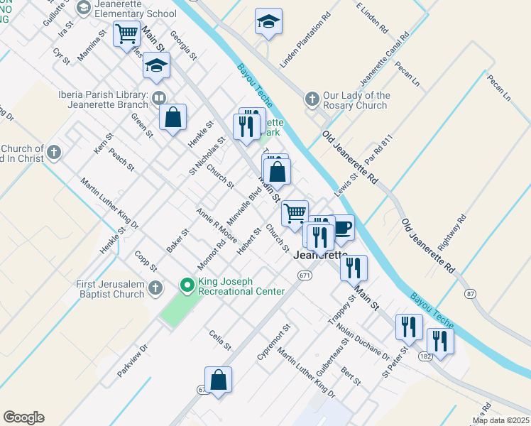 map of restaurants, bars, coffee shops, grocery stores, and more near 318-398 Hebert St in Jeanerette