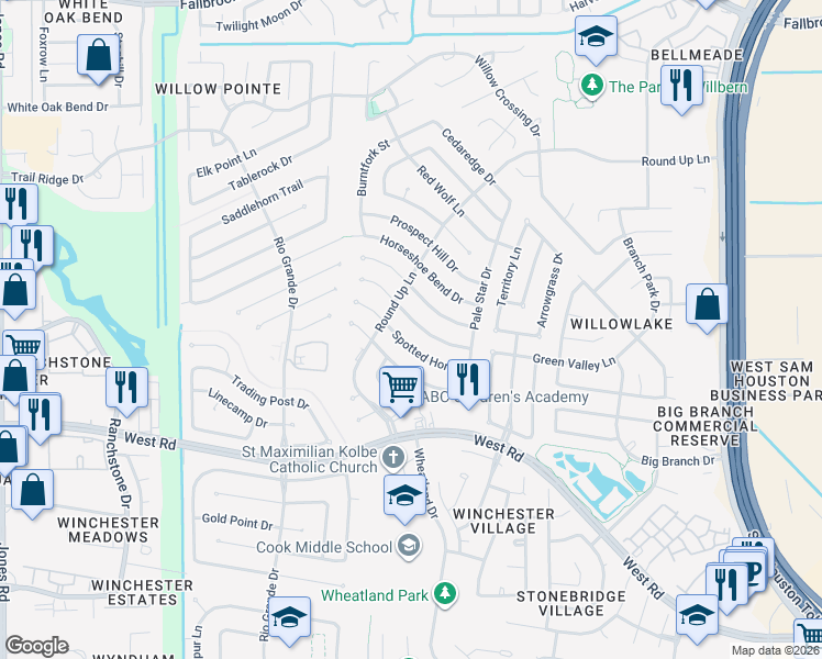 map of restaurants, bars, coffee shops, grocery stores, and more near 10039 Green Valley Lane in Houston
