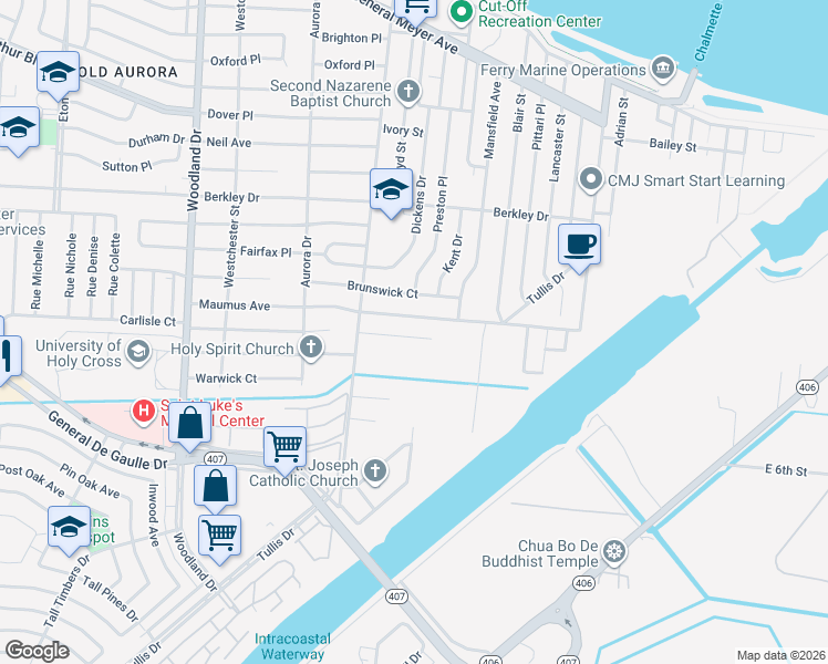 map of restaurants, bars, coffee shops, grocery stores, and more near 6628 Peony Street in New Orleans