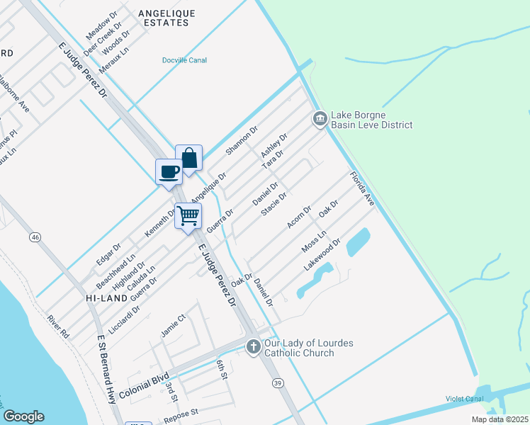 map of restaurants, bars, coffee shops, grocery stores, and more near 3001 Stacie Drive in Violet