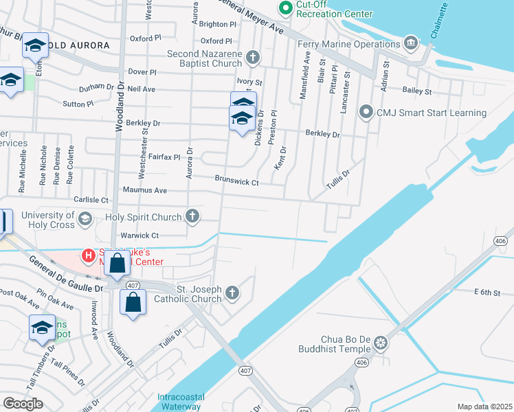 map of restaurants, bars, coffee shops, grocery stores, and more near 6628 Peony Street in New Orleans