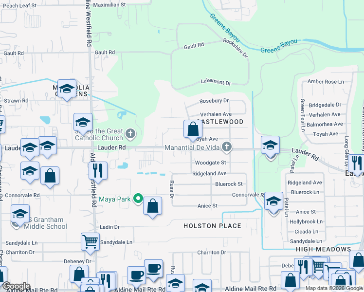 map of restaurants, bars, coffee shops, grocery stores, and more near 2439 Lauder Road in Houston