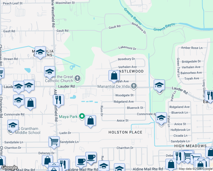map of restaurants, bars, coffee shops, grocery stores, and more near 2439 Lauder Road in Houston