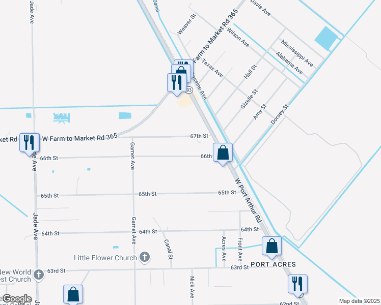 map of restaurants, bars, coffee shops, grocery stores, and more near 2451 66th Street in Port Arthur