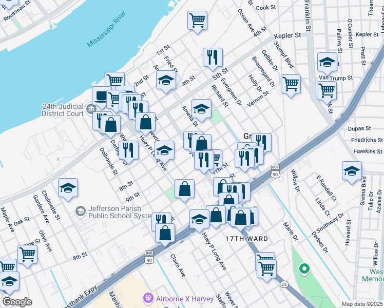 map of restaurants, bars, coffee shops, grocery stores, and more near 535 9th Street in Gretna