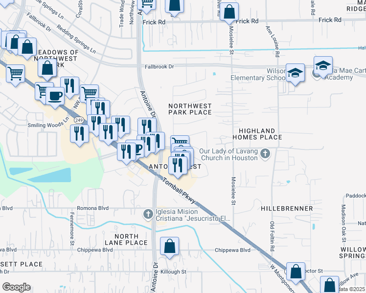 map of restaurants, bars, coffee shops, grocery stores, and more near 5927 Logancrest Ln in Houston