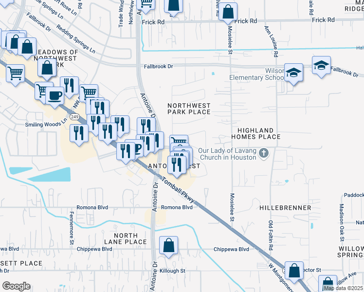 map of restaurants, bars, coffee shops, grocery stores, and more near 5927 Logancrest Lane in Houston
