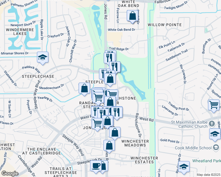 map of restaurants, bars, coffee shops, grocery stores, and more near 9614 Jones Road in Houston