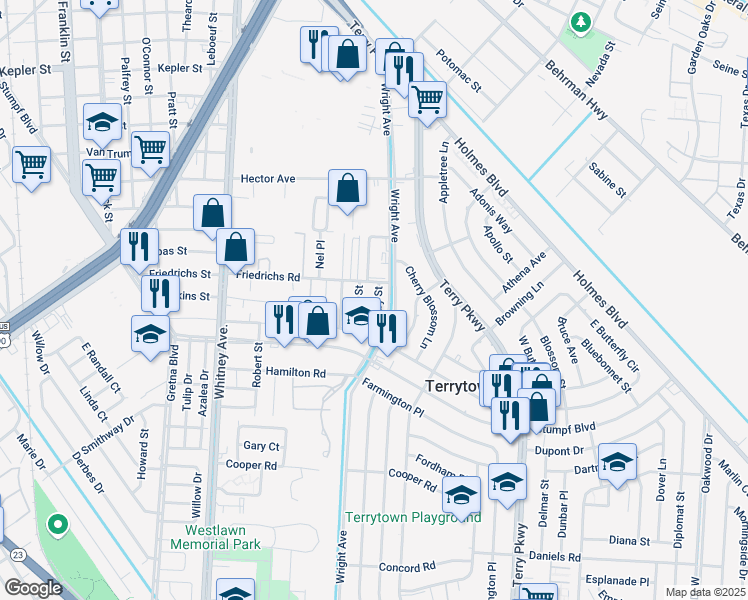 map of restaurants, bars, coffee shops, grocery stores, and more near 324 Ruby Street in Terrytown