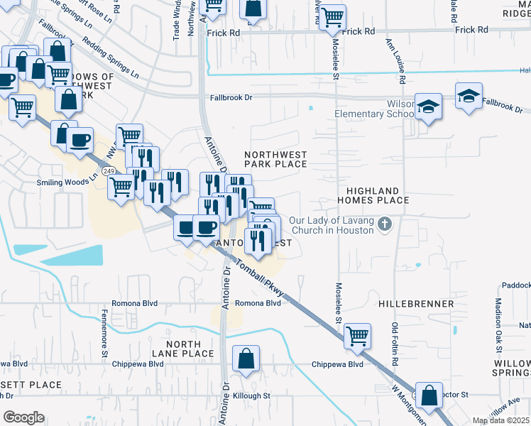map of restaurants, bars, coffee shops, grocery stores, and more near 5927 Logancrest Lane in Houston