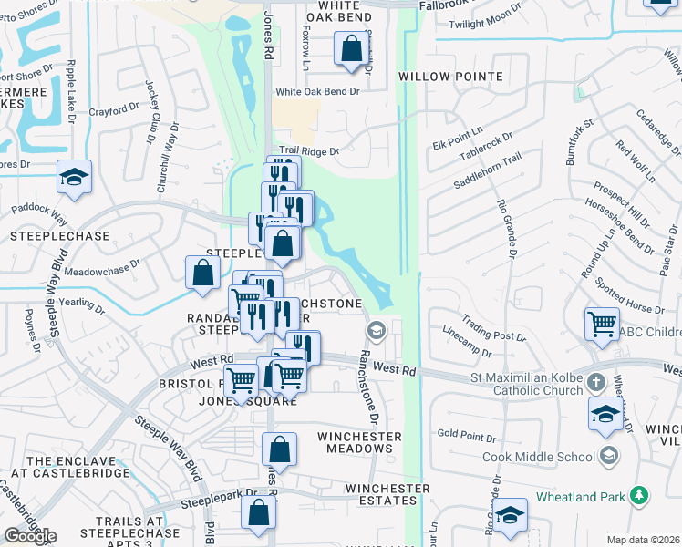 map of restaurants, bars, coffee shops, grocery stores, and more near 10901 Ranchstone Drive in Houston