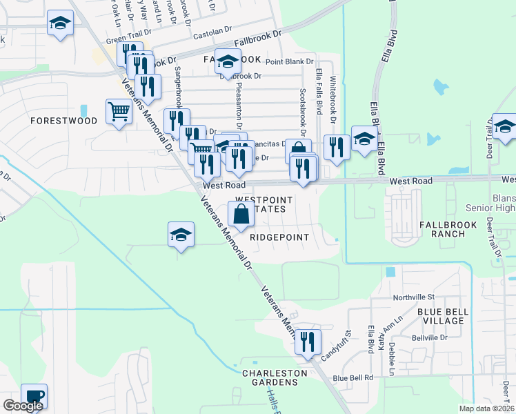 map of restaurants, bars, coffee shops, grocery stores, and more near 10110 Lasaber Court in Houston