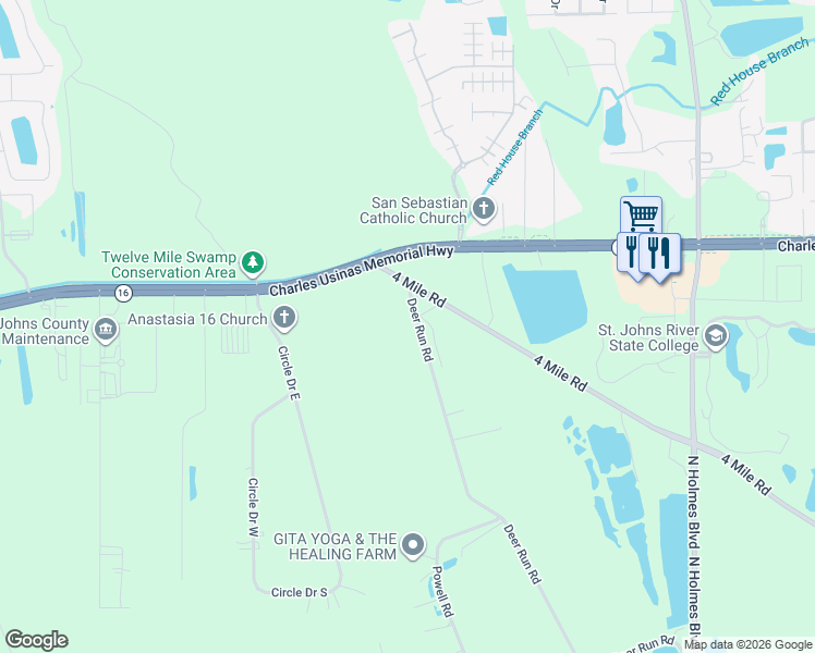 map of restaurants, bars, coffee shops, grocery stores, and more near 2475 Deer Run Road in St. Augustine