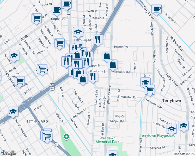 map of restaurants, bars, coffee shops, grocery stores, and more near 1025 Aquavit Street in Gretna