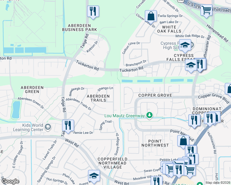 map of restaurants, bars, coffee shops, grocery stores, and more near 9407 Reston Grove Lane in Houston
