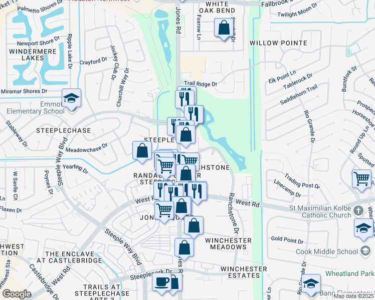 map of restaurants, bars, coffee shops, grocery stores, and more near 9614 Jones Road in Houston