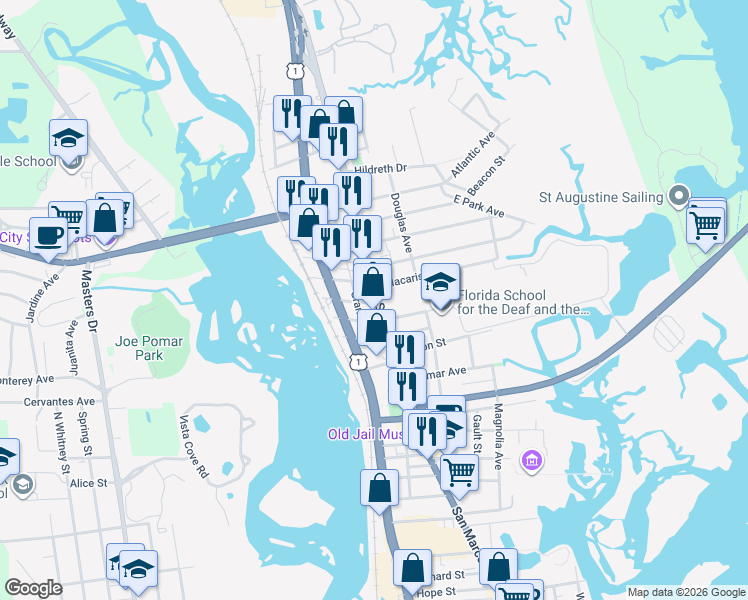 map of restaurants, bars, coffee shops, grocery stores, and more near 21 Grant Street in St. Augustine