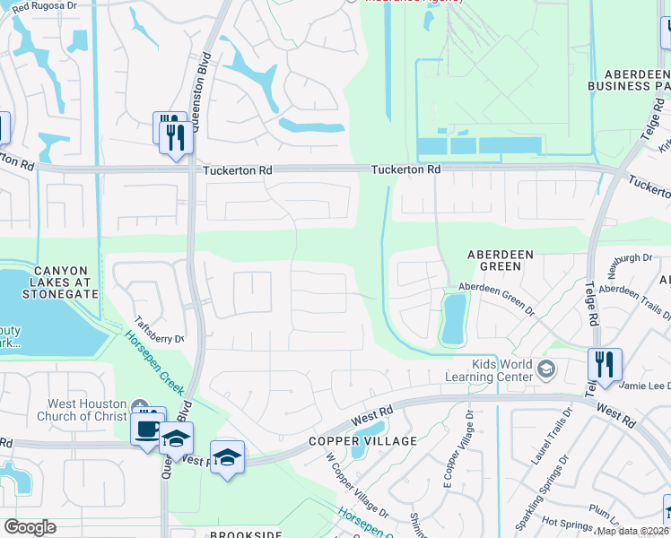 map of restaurants, bars, coffee shops, grocery stores, and more near 16518 Bristle Creek Drive in Houston