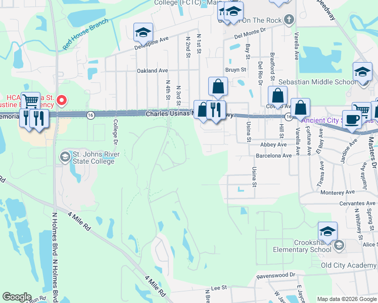 map of restaurants, bars, coffee shops, grocery stores, and more near 520 Florida Club Boulevard in St. Augustine