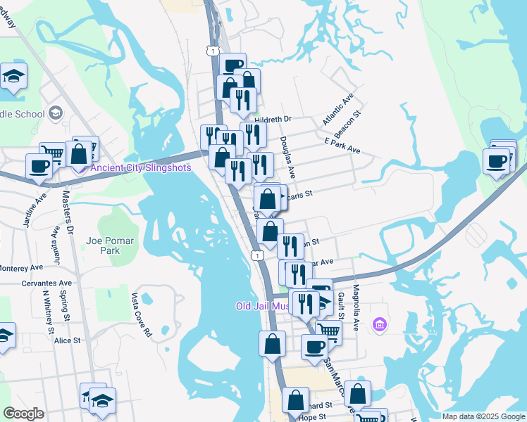 map of restaurants, bars, coffee shops, grocery stores, and more near 21 Grant Street in St. Augustine