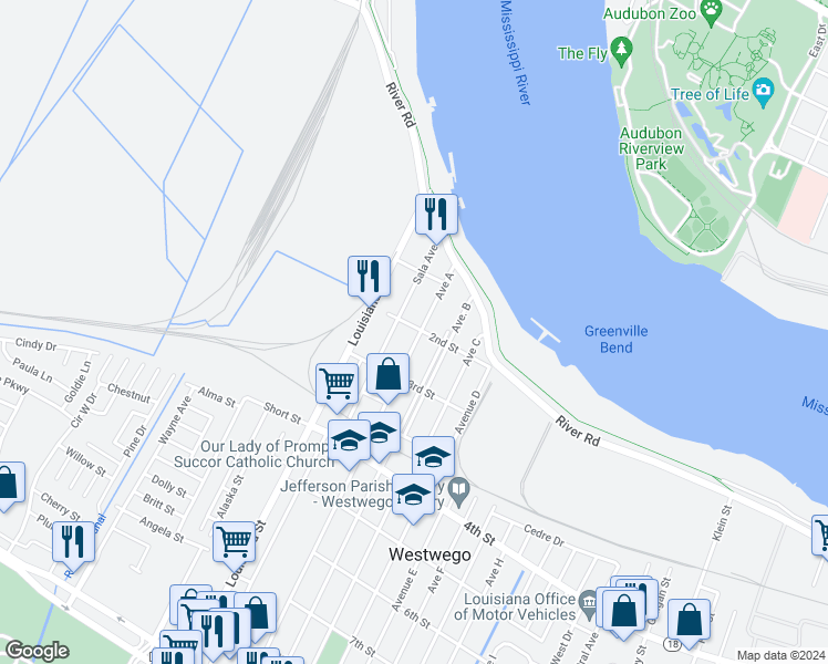 map of restaurants, bars, coffee shops, grocery stores, and more near 319 Avenue A in Westwego