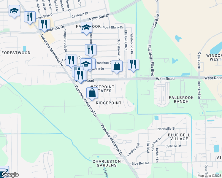 map of restaurants, bars, coffee shops, grocery stores, and more near 10111 Ridgecoral Court in Houston