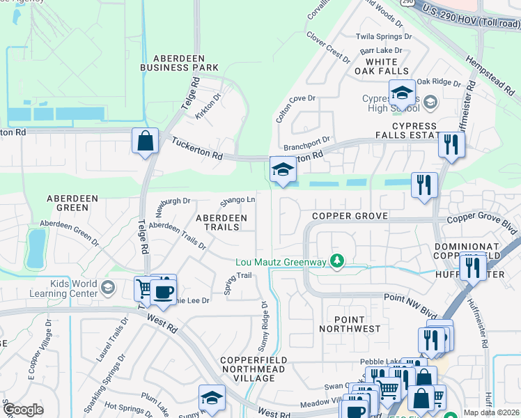 map of restaurants, bars, coffee shops, grocery stores, and more near 9407 Reston Grove Lane in Houston