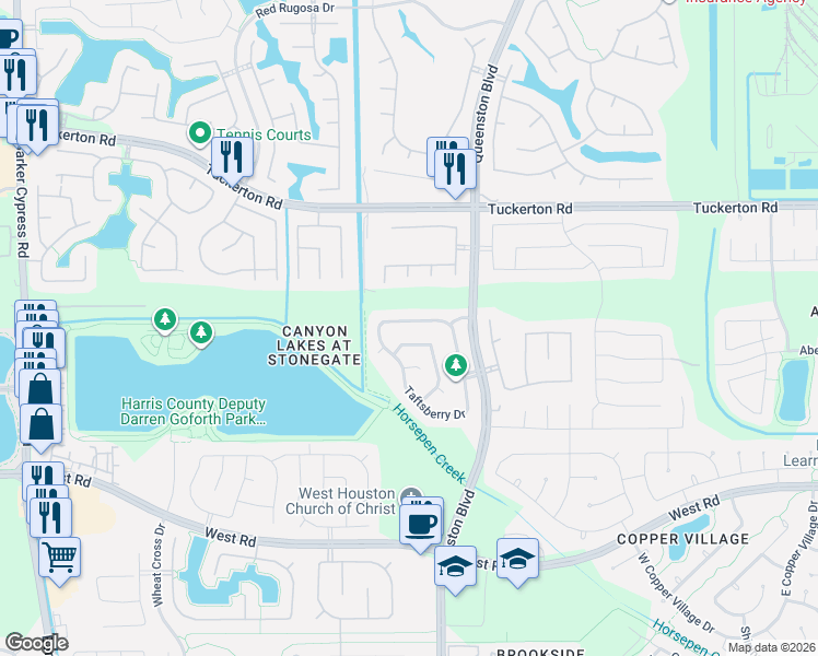 map of restaurants, bars, coffee shops, grocery stores, and more near 9538 Curry Landing Drive in Houston