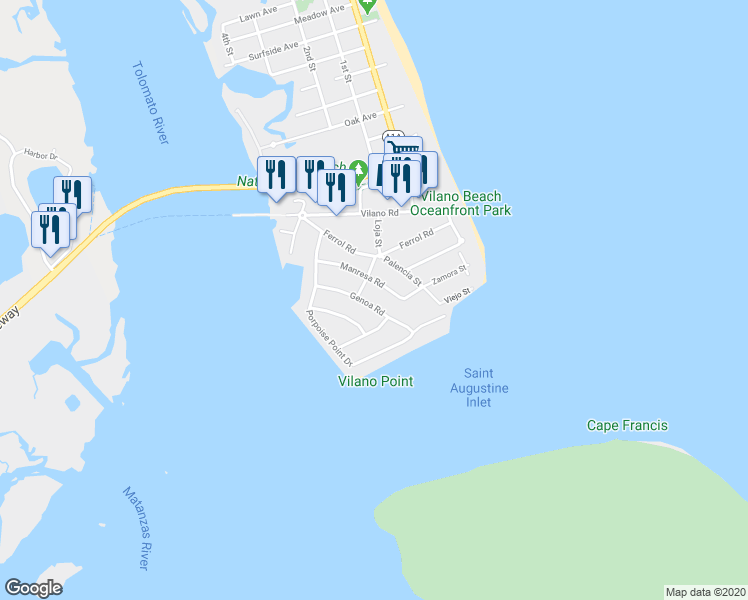 map of restaurants, bars, coffee shops, grocery stores, and more near 304 Genoa Road in St. Augustine