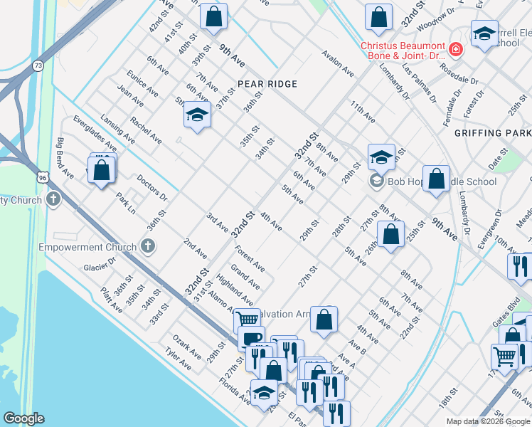 map of restaurants, bars, coffee shops, grocery stores, and more near 3200 4th Avenue in Port Arthur
