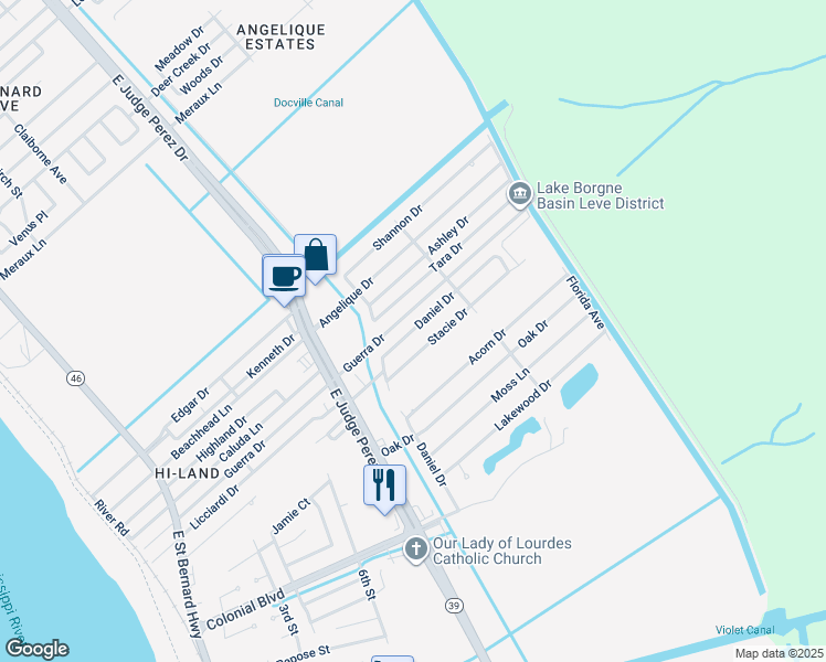 map of restaurants, bars, coffee shops, grocery stores, and more near 2902 Stacie Drive in Violet