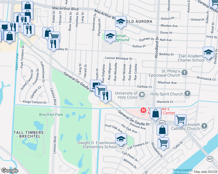map of restaurants, bars, coffee shops, grocery stores, and more near 5131 Carlisle Court in New Orleans