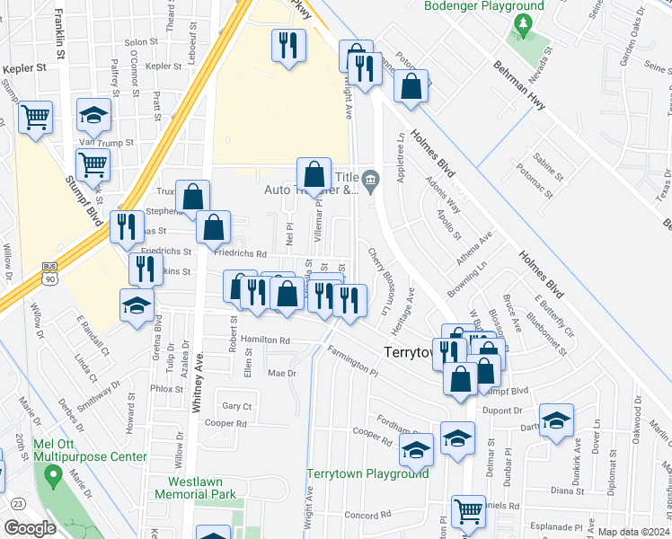 map of restaurants, bars, coffee shops, grocery stores, and more near 324 Ruby Street in Terrytown