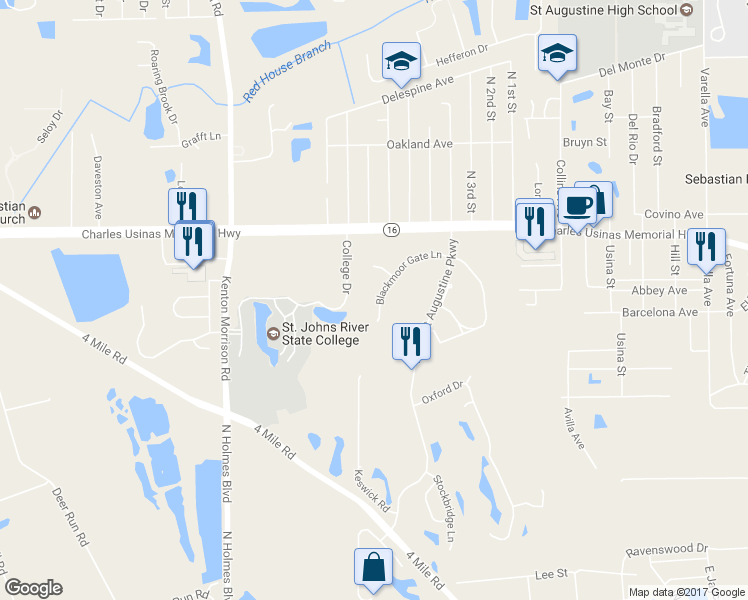 map of restaurants, bars, coffee shops, grocery stores, and more near 780 Blackmoor Gate Lane in Saint Augustine