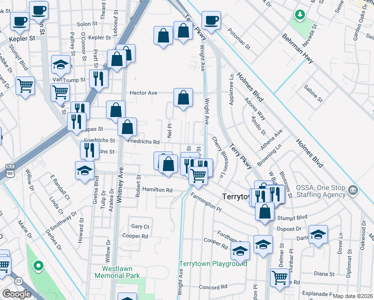 map of restaurants, bars, coffee shops, grocery stores, and more near 721 Frisella Street in Terrytown