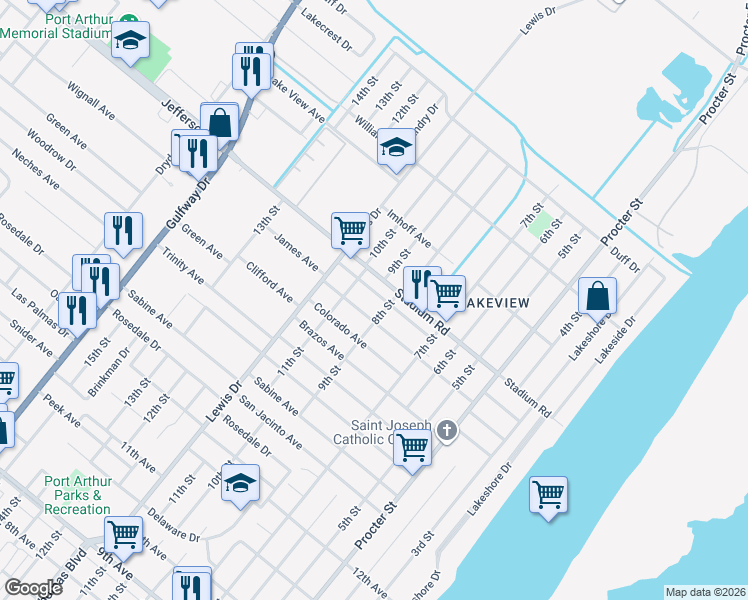 map of restaurants, bars, coffee shops, grocery stores, and more near 839 Riogrande Avenue in Port Arthur