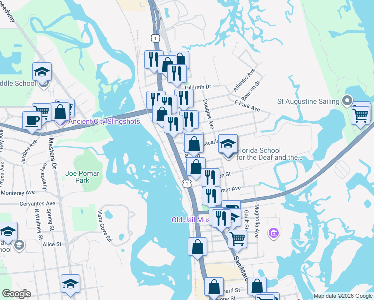 map of restaurants, bars, coffee shops, grocery stores, and more near 21 Grant Street in St. Augustine