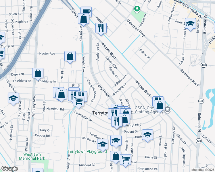 map of restaurants, bars, coffee shops, grocery stores, and more near 335 Terry Parkway in Terrytown