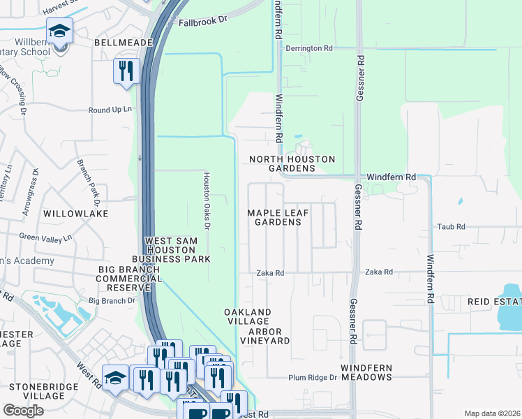 map of restaurants, bars, coffee shops, grocery stores, and more near 9602 Concord Lane in Houston
