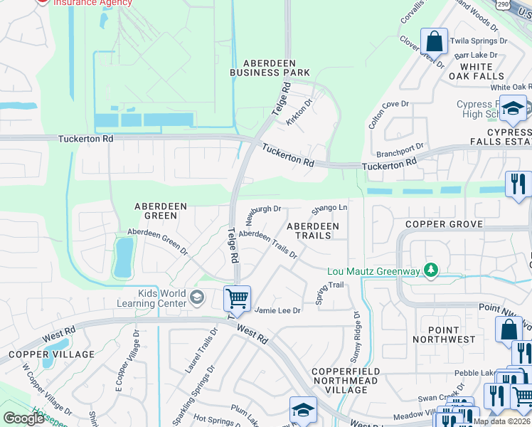 map of restaurants, bars, coffee shops, grocery stores, and more near 9007 Guiness Court in Houston